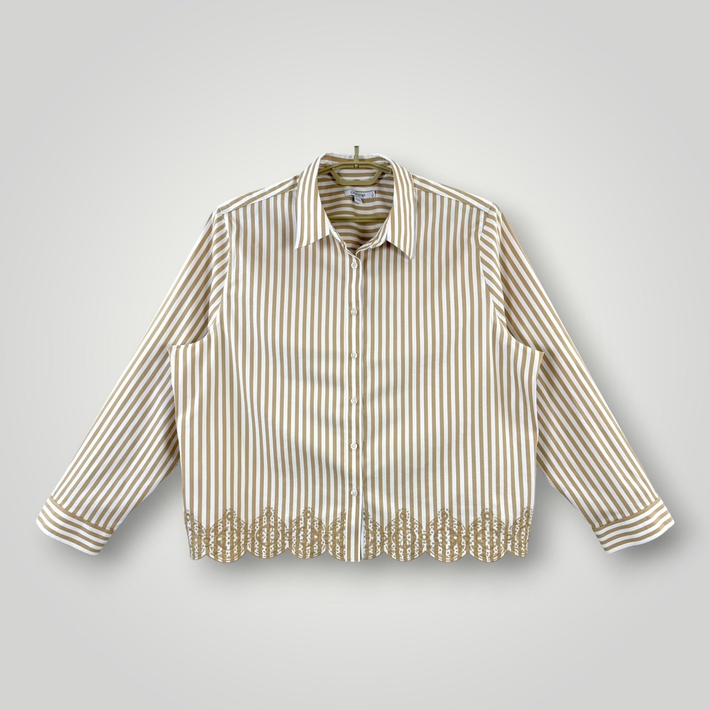 Chicos Shirt Womens XXL 20 Beige Stripe Embroidered Scallop Hem Button Front Top